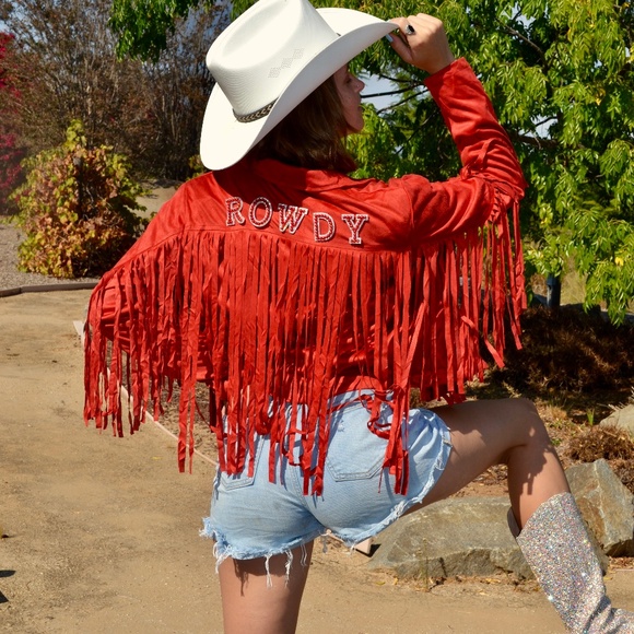 Red Suede Western Fringe Jacket, Nashville Country Concert Outfit - Picture 3 of 12